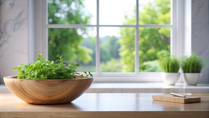 Fototapeta premium Wooden Bowl of Herbs by Window Natural Light, Kitchen Setting