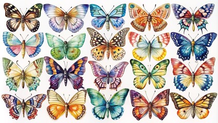 Watercolor Butterfly Collection 24 Vibrant Insects, Detailed Wings, Nature Art Print