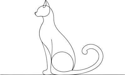 One line drawing. Cat sitting with curled tail