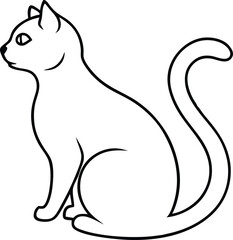 One line drawing. Cat sitting with curled tail