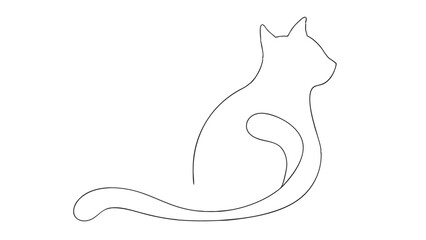 One line drawing. Cat sitting with curled tail
