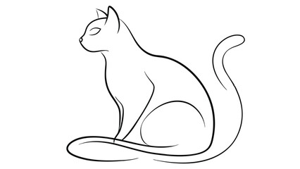 One line drawing. Cat sitting with curled tail