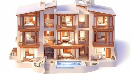 Luxurious multi-level house with pool, cut-away view showing interior rooms and amenities.