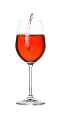 Tasty wine splashing in glass on white background