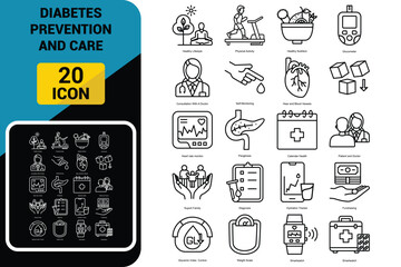 Diabetes prevention and nursing care vector line icon set with editable stroke, Consultation with a doctor and Physical activity, Glucometer and Healthy nutrition, Diabetes prevention and Healthy