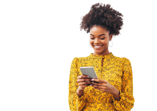 Confident woman in a yellow blouse holding a tablet and a phone, smiling naturally. Isolated on a white transparent background, ideal for tech and lifestyle themes.

