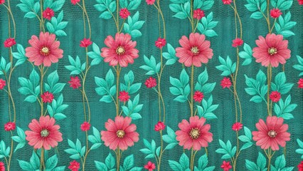 Teal Watercolor Floral Textile Repeat Red Blooms and Mint Greens