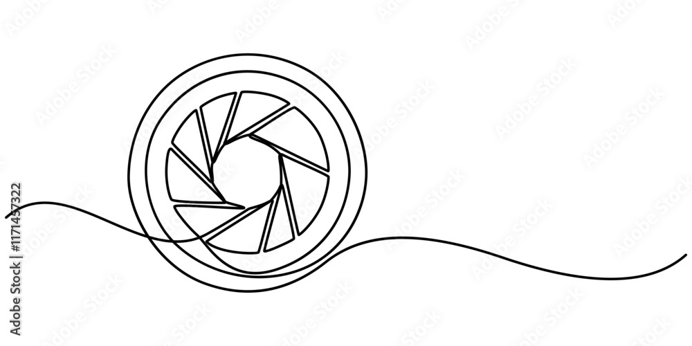 Poster Camera shutter icons, Camera lens icon line continuous drawing vector. One line Camera lens icon vector background. Aperture of the cameray icon. Continuous outline of a Camera shutter icon. pro one. 