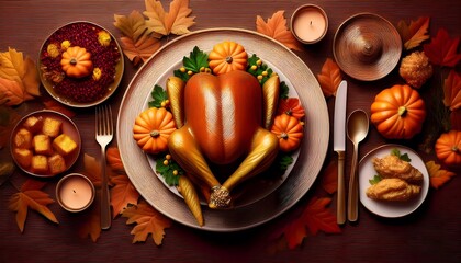 Festive Thanksgiving Dinner Table Setting with Roasted Turkey