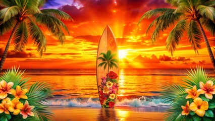 Sunset Surfboard Paradise Tropical Floral Composition