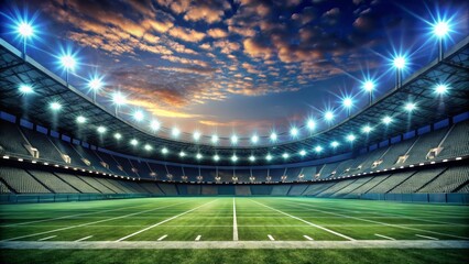 Sunset Stadium American Football Field, Dramatic Sky, Night Game Concept