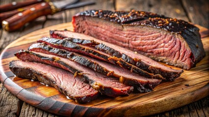 Sliced Smoked Beef Brisket on Wooden Board