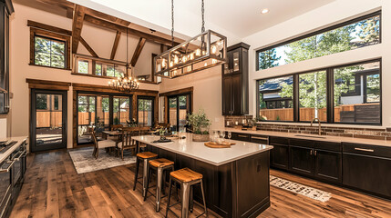 Modern farmhouse kitchen with island, high ceilings, and large windows.
