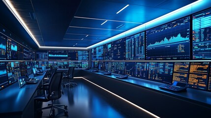 Fototapeta premium Futuristic Control Room with High-Tech Monitors Display