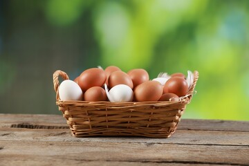 Many raw eggs in basket on wooden table