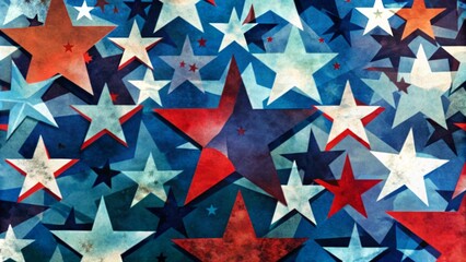 Patriotic Starburst Overlapping Red, White, and Blue Stars, Watercolor Texture