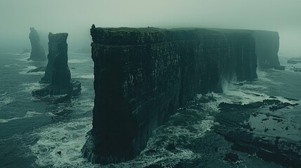  Ethereal Coastal Cliffs: Sharp, jagged cliffs overlooking a stormy ocean, with mist rising from...