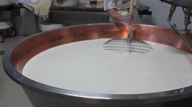 Production of a form of Parmesan cheese - Parmigiano Reggiano - in a dairy in the province of Reggio Emilia, Italy