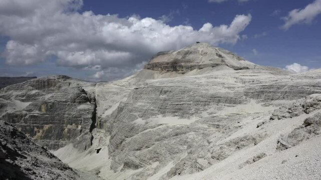 Time Lapse video of Sass Pordoi from the Terrace of the Dolomites, Fassa Valley, Dolomites, Trentino, Italy