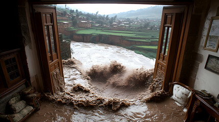 Floodwaters surge into a house through open doors, revealing a ravaged landscape.