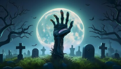 Halloween Zombie Hand Rising from Grave Spooky Night Scene