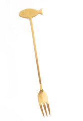 Golden fish-shaped fork with a unique and elegant design, ideal for seafood dining or decorative tableware collections.