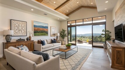 Modern Mountain View Living Room Neutral Palette, Wood Beams, Panoramic Windows