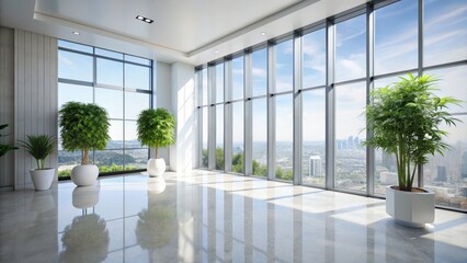 Obraz premium Modern Minimalist Office Panoramic City View, Polished Floor, Greenery