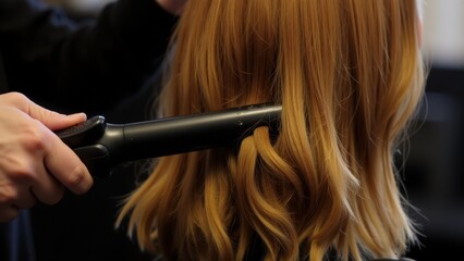 Obraz premium Close-up of a stylist straightening or curling a client's hair with modern styling tools