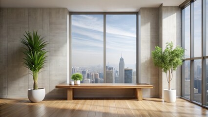 Fototapeta premium Modern Minimalist Apartment City View, Wooden Bench, Greenery