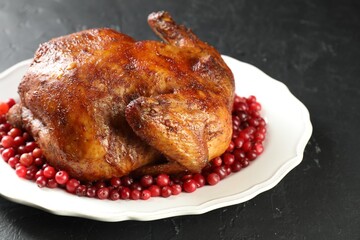 Delicious baked turkey and cranberries on dark gray textured table, closeup