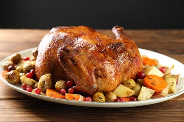Delicious baked turkey, vegetables and cranberries on wooden table, closeup