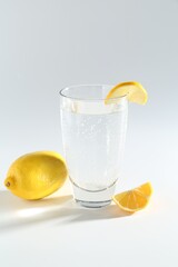 Refreshing soda water in glass and lemon on light grey background