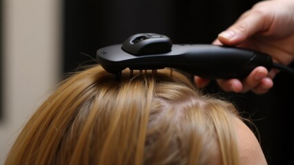 Fototapeta premium Close-up of a stylist straightening or curling a client's hair with modern styling tools