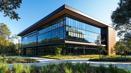 Fototapeta premium Modern glass building in green landscape setting