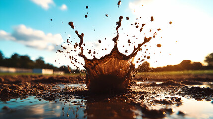 Fototapeta premium Mud splash in a puddle at sunset.