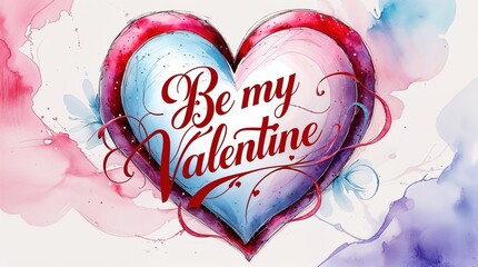 Watercolor Heart Design with Ornate Details and "Be My Valentine" Text