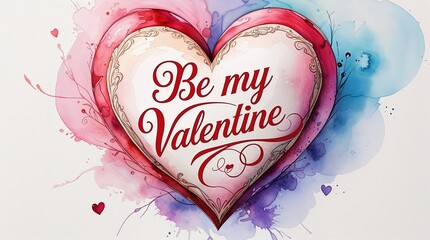 Artistic Watercolor Heart with "Be My Valentine" Text, Romantic Illustration