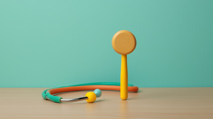 Brightly colored pediatric reflex hammer and stethoscope on wooden table