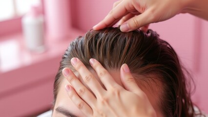 Naklejka premium A relaxing hair care procedure: washing and massaging the client's hair in a sleek salon setting