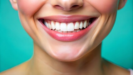 Obraz premium Close-up Radiant Smile, Teal Background, Perfect Teeth