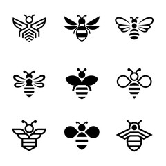 Fototapeta premium Illustraition of cute flat bee icons set, black white v2