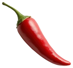 PNG A vibrant red chili pepper, elongated with a green stem, showcasing a smooth surface and a glossy finish.