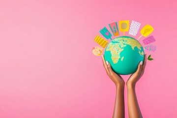 Hands raising a vibrant globe featuring cultural symbols on a bright pink background, celebrating diversity and global traditions.