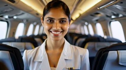 A smiling young Indian flight attendant in the middle of an empty passenger plane cabin. In the serene cabin, a young Indian flight attendant expresses readiness with her smile.