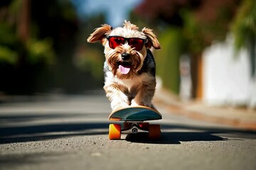Fast moving video of funny dog ​​on a skateboard flying through the air