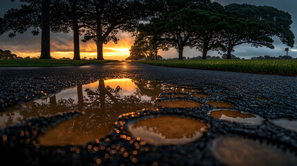 Sunset reflecting in puddles on a country road.