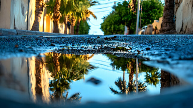 Puddle reflecting palm trees and street.