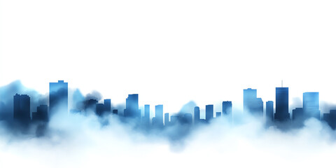 Naklejka premium Silhouette of a city skyline emerging through a foggy atmosphere with a serene, isolated white background.
