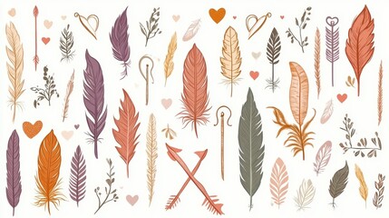 Fototapeta premium Boho decor with feathers, arrows, and hearts in soft beige and pastel tones for a whimsical atmosphere